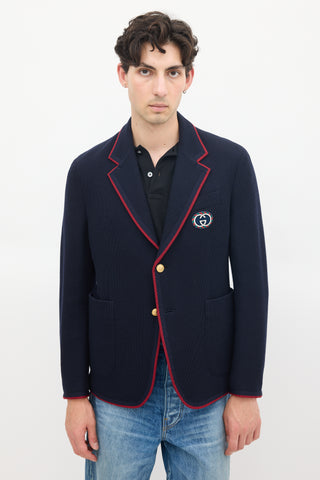 Gucci Navy Wool & Cotton Knit Patch Logo Blazer