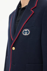 Gucci Navy Wool & Cotton Knit Patch Logo Blazer