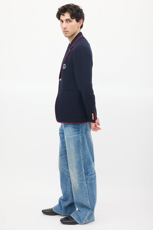 Gucci Navy Wool & Cotton Knit Patch Logo Blazer