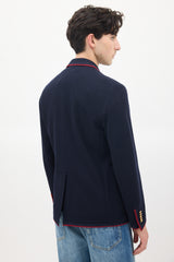 Gucci Navy Wool & Cotton Knit Patch Logo Blazer