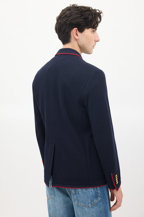 Gucci Navy Wool & Cotton Knit Patch Logo Blazer