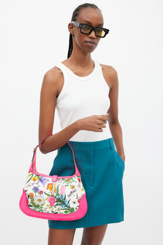 Gucci Neon Pink & Multicolour Floral Canvas Jackie 1961 Medium Bag