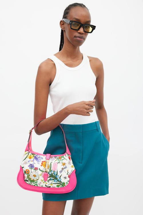 Gucci Neon Pink & Multicolour Floral Canvas Jackie 1961 Medium Bag