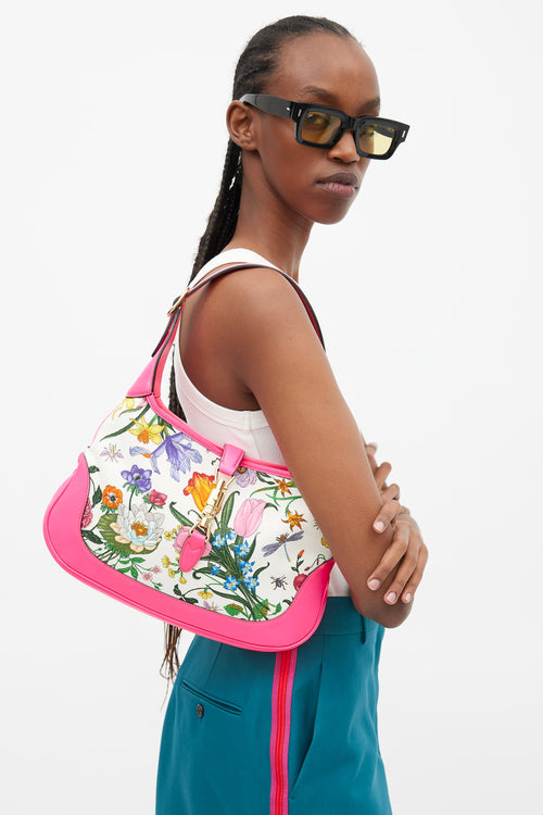 Gucci Neon Pink & Multicolour Floral Canvas Jackie 1961 Medium Bag