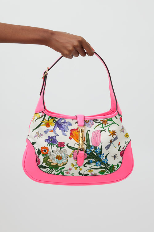 Gucci Neon Pink & Multicolour Floral Canvas Jackie 1961 Medium Bag