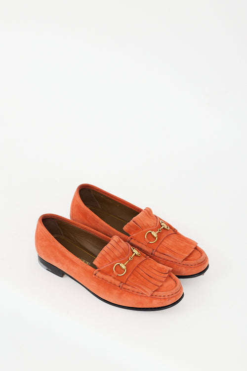 Gucci Orange Suede & Gold Hardware Fringe Loafer