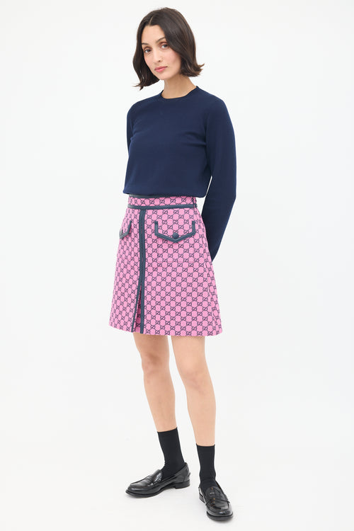 Gucci Pink & Black Cotton GG Box Pleated Skirt