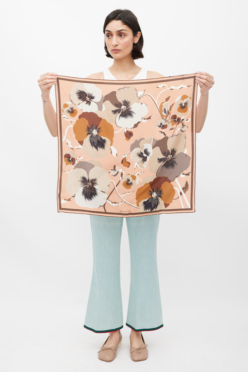 Gucci Pink & Brown Floral Silk Scarf