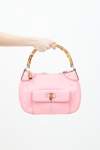 Gucci Pink Leather Large Borsa Bamboo Bag