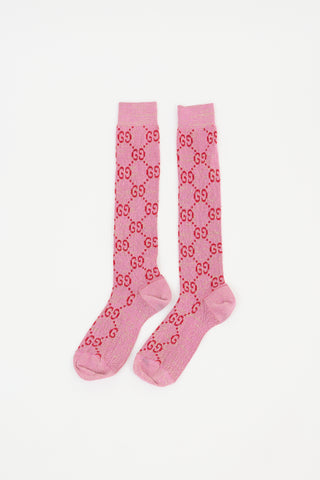 Gucci Pink & Red Lurex Knit GG Monogram Socks