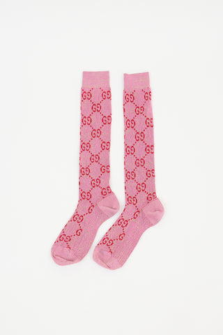 Gucci Pink & Red Lurex Knit GG Monogram Socks