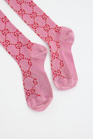 Gucci Pink & Red Lurex Knit GG Monogram Socks