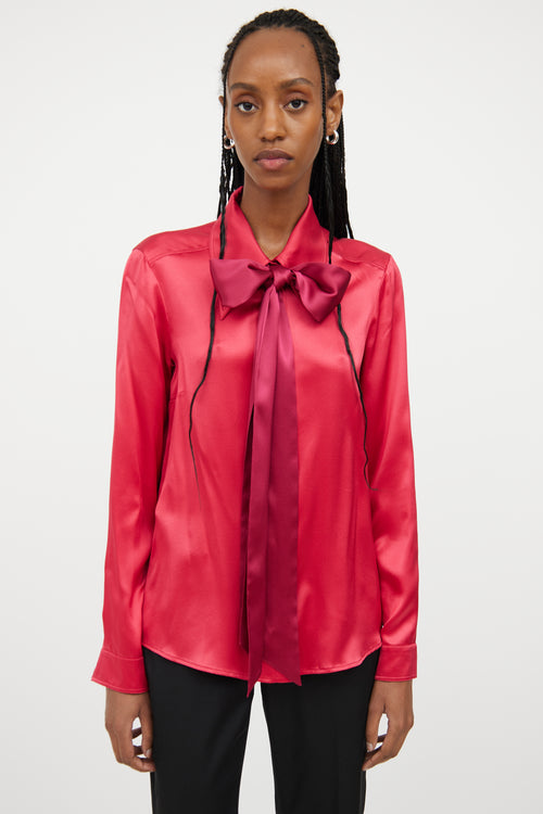 Gucci Red Neck Tie Silk Button Top