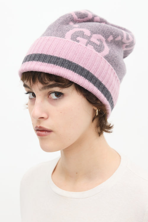 Gucci Purple & Grey Cashmere Intarsia GG Logo Beanie