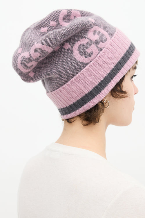 Gucci Purple & Grey Cashmere Intarsia GG Logo Beanie