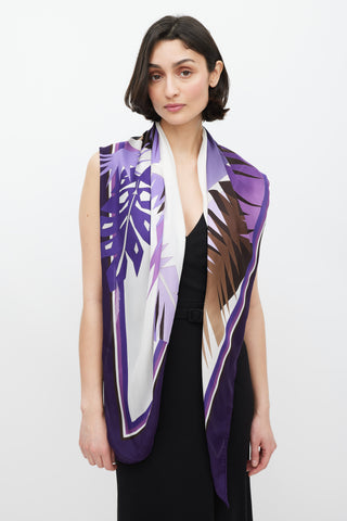 Gucci Purple & White Leaf Printed Silk Scarf