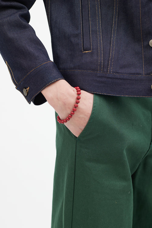Gucci Red & Aged Silver Beaded GG Heart Bracelet
