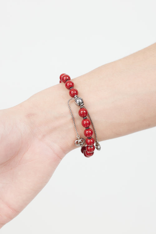 Gucci Red & Aged Silver Beaded GG Heart Bracelet
