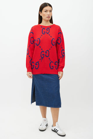 Gucci Red & Blue GG Intarsia Knit Sweater