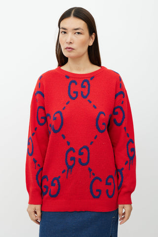 Gucci Red & Blue GG Intarsia Knit Sweater