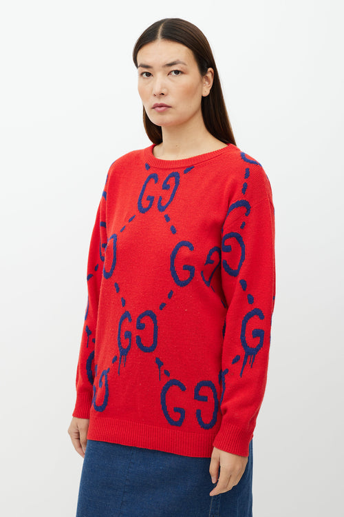 Gucci Red & Blue GG Intarsia Knit Sweater