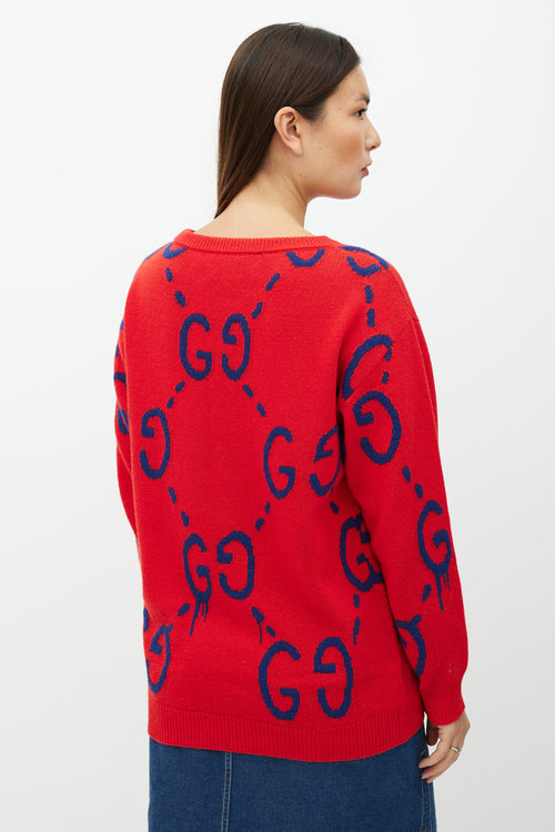 Gucci Red & Blue GG Intarsia Knit Sweater
