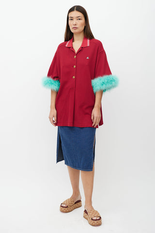 Gucci Red & Green Feather Trim Polo