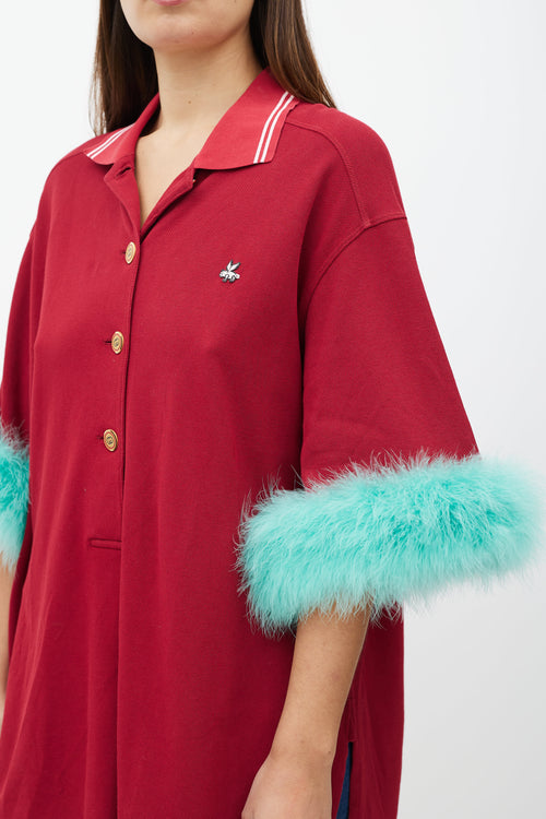 Gucci Red & Green Feather Trim Polo