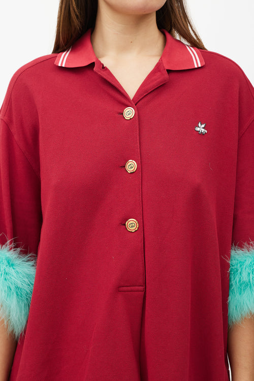 Gucci Red & Green Feather Trim Polo