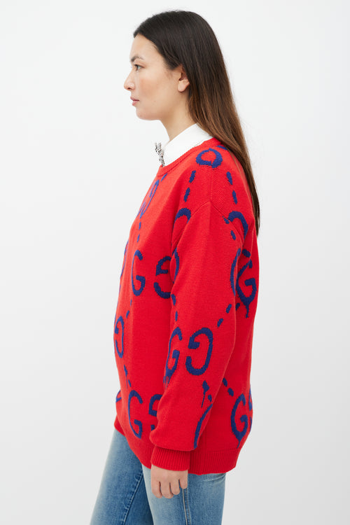 Gucci Red & Blue Monogram Wool Knit Sweater