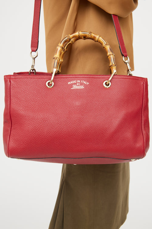 Gucci Red Leather Bamboo Shopping Tote