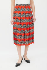 Gucci Red & Multicolour Silk Pleated Skirt