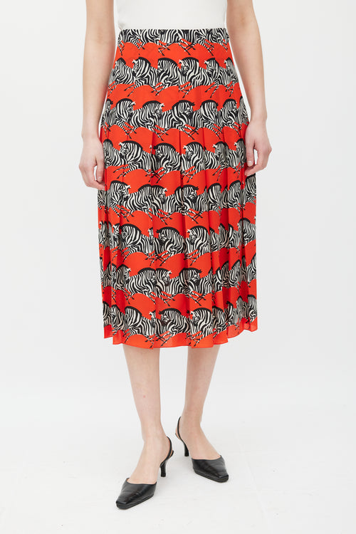 Gucci Red & Multicolour Silk Pleated Skirt
