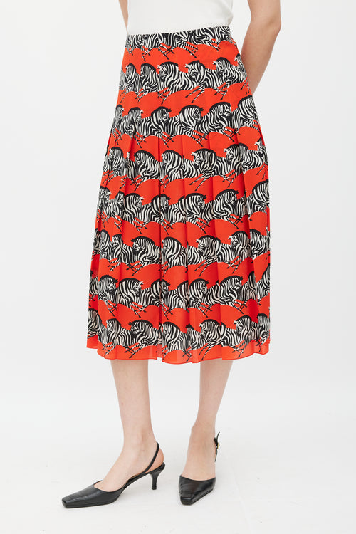 Gucci Red & Multicolour Silk Pleated Skirt