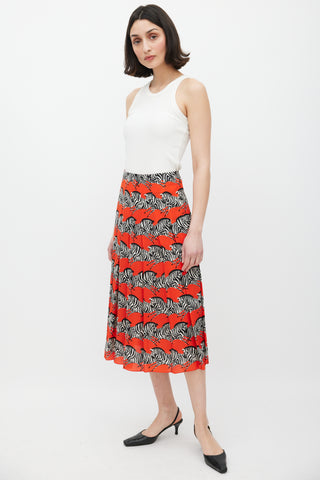 Gucci Red & Multicolour Silk Pleated Skirt