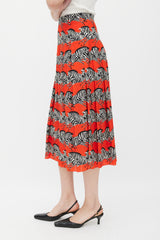 Gucci Red & Multicolour Silk Pleated Skirt