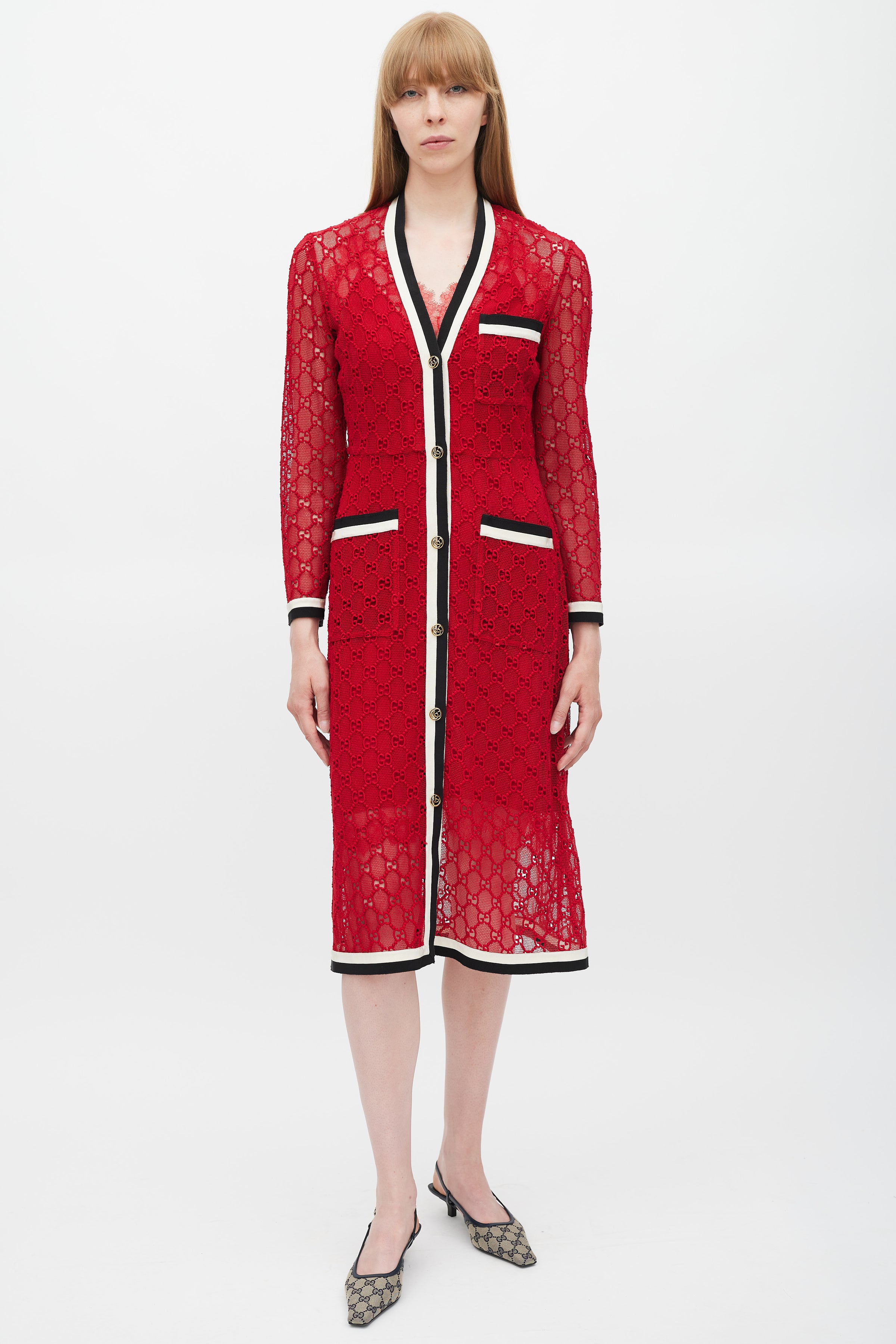 Gucci // Red & Multicolour GG Lace Dress VSP Consignment Gucci // Red & Multicolour GG Lace Dress VSP Consignment