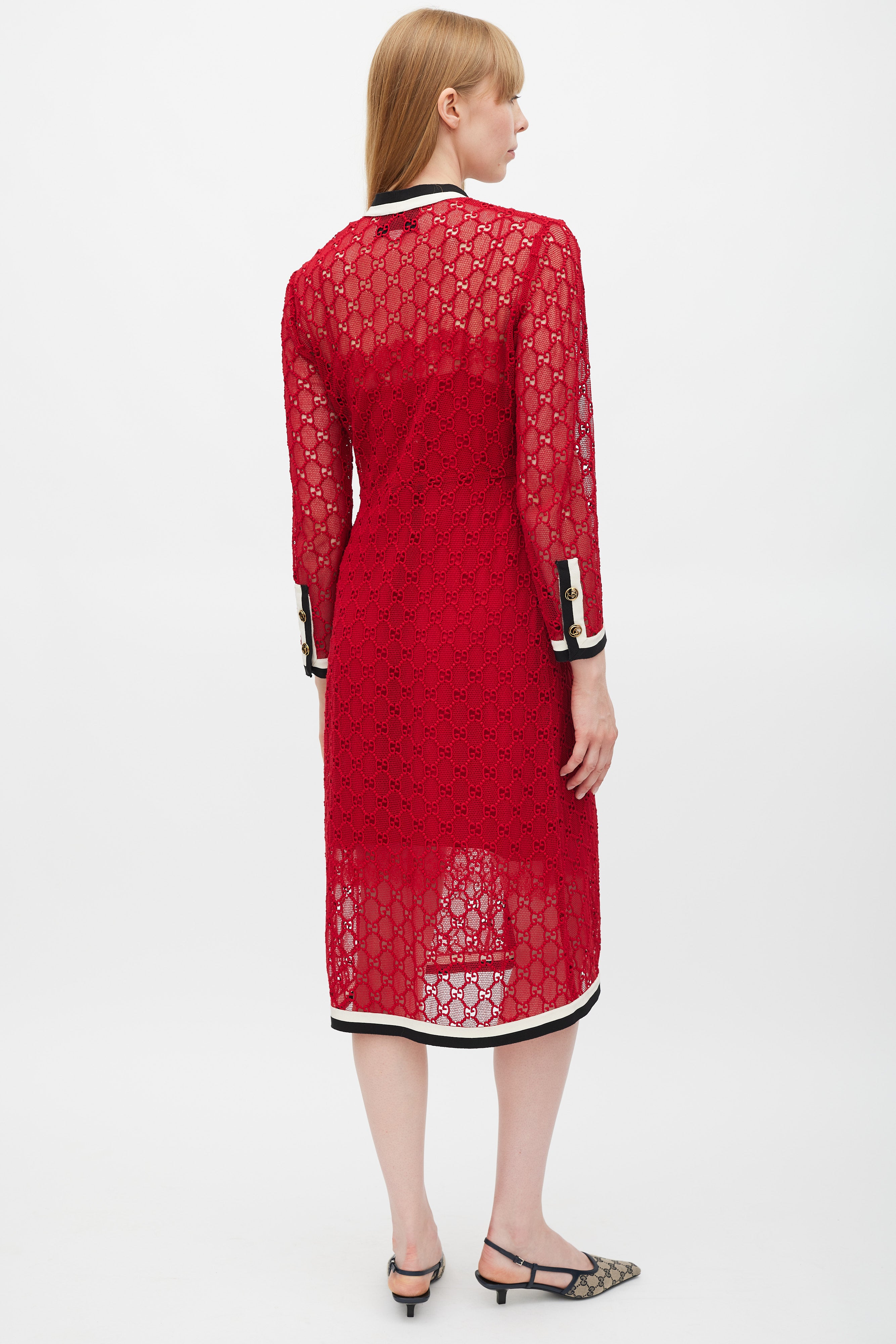 gucci red dress with black lace XS NEW $2500 GUCCI Pink PLISSE' Jersey BLACK SHEER LACE KEYHOLE BACK Sexy DRESS