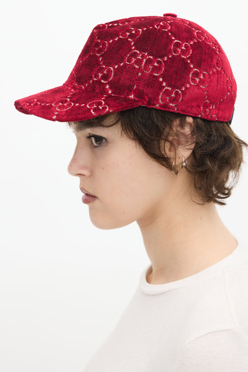 Gucci Red Velvet Embroidered GG Logo Baseball Hat