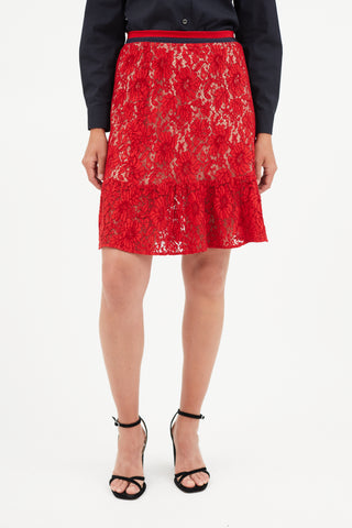 Gucci Red & Blue Lace Overlay Skirt