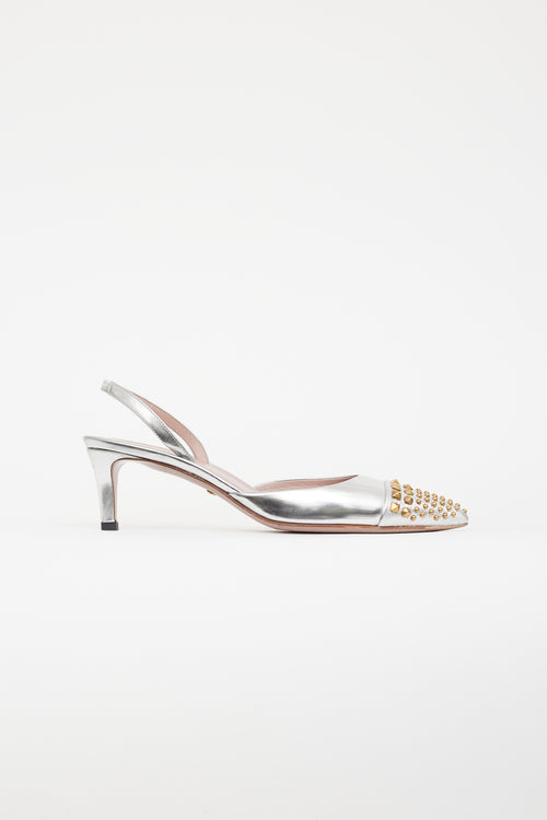 Gucci Silver & Gold Leather Stud Slingback Pump