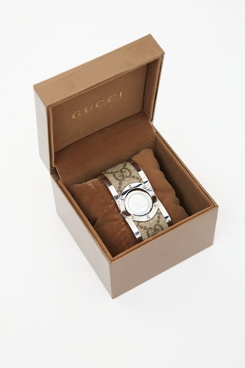 Gucci Silver Stainless Steel & Beige GG Canvas Twirl Watch