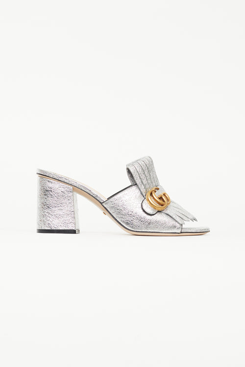 Gucci Silver Crinkled Leather Marmont Fringe Heel