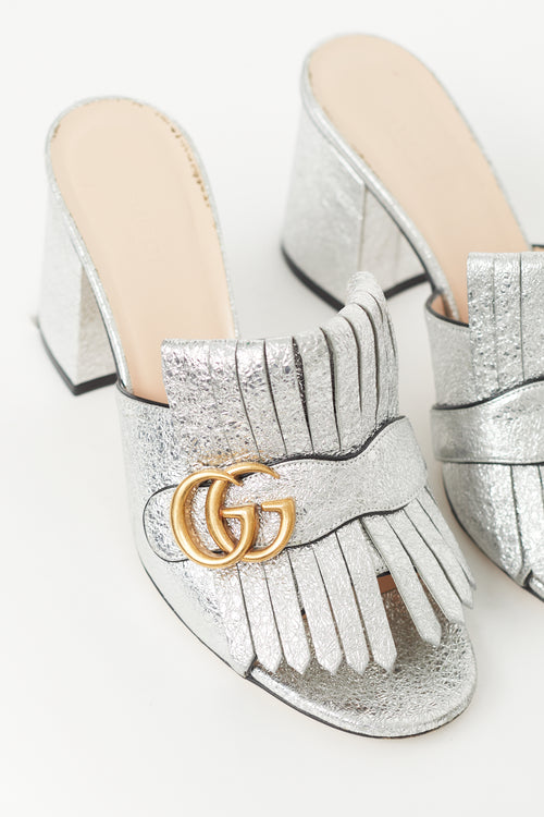 Gucci Silver Crinkled Leather Marmont Fringe Heel