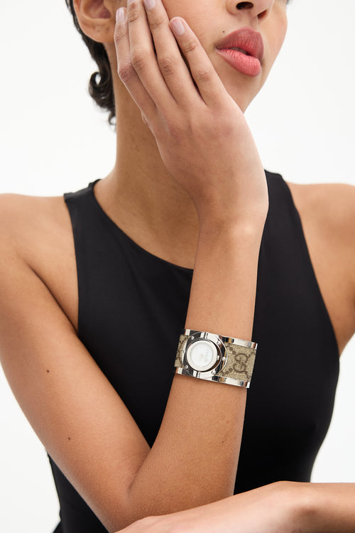 Gucci Silver Stainless Steel & Beige GG Canvas Twirl Watch
