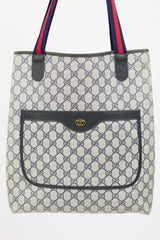 Gucci Vintage Navy & Beige Sherry Line GG Plus Tote Bag