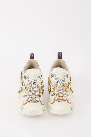 Gucci White Embellished Flashtrek Sneaker