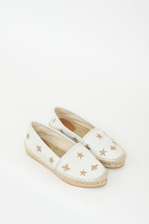 Gucci White & Gold Leather Embroidered Espadrille