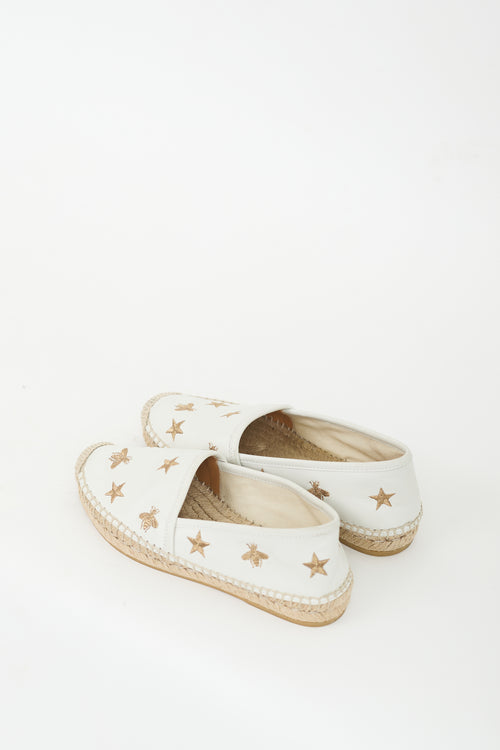 Gucci White & Gold Leather Embroidered Espadrille