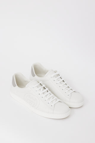 Gucci White & Grey Leather Ace Interlocking GG Sneaker